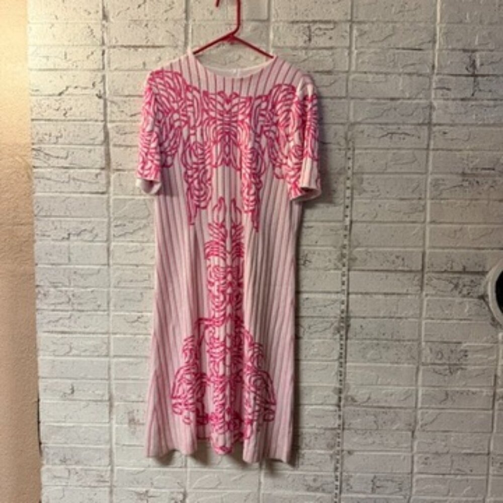NWT Ming Wang Pink Knit Dress Medium Striped Floral Statement